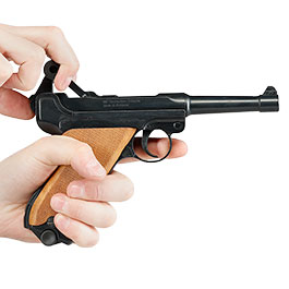 Kleinbild 10 ME Modell P08 Parabellum Vollmetall Dekopistole WWII br�niert mit Holzgriffschalen