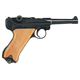 Kleinbild 3 ME Modell P08 Parabellum Vollmetall Dekopistole WWII br�niert mit Holzgriffschalen