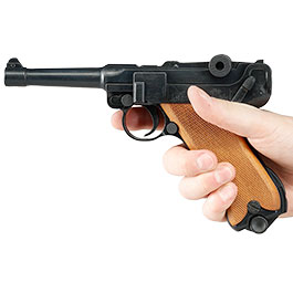 Kleinbild 5 ME Modell P08 Parabellum Vollmetall Dekopistole WWII br�niert mit Holzgriffschalen