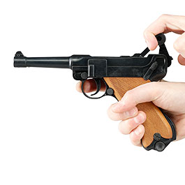 Kleinbild 8 ME Modell P08 Parabellum Vollmetall Dekopistole WWII br�niert mit Holzgriffschalen