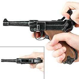 Kleinbild 8 ME Modell P08 Parabellum Vollmetall Dekopistole WWII antik-look mit Holzgriffschalen