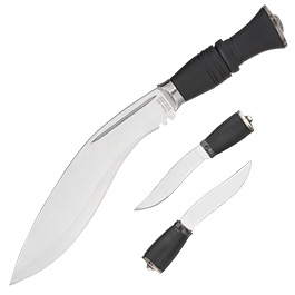Linder Kukri Messer mit 2 Beimesser inkl. Lederscheide silber/schwarz