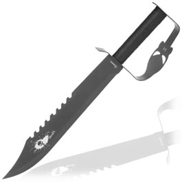 Outdoormesser Tactical Skull mit Sgezahnung und Handschutz schwarz inkl. Nylon-Grtelscheide