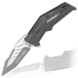 K25 Einhandmesser Android-1 silber/schwarz mit Flipper inkl. Nylonscheide mit Molle Schlaufen