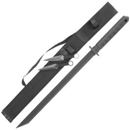 Haller Ninja Rückenschwert mit zwei Dolchen schwarz inkl. Nylon-Gürtelscheide und Rückentragegurt