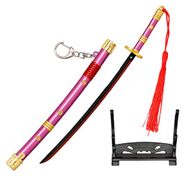 Schlsselanhnger Mini Katana One Piece Zorro Roronoa lila/gold inkl. Scheide und Schwertstnder