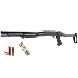 Cyma M870 Shotgun mit Stahl-Klappschaft Long-Type Tri-Barrel Vollmetall Springer 6mm BB schwarz