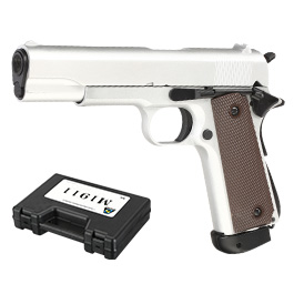 Double Bell M1911A1 Airsoftpistole Vollmetall CO2BB 6mm BB silber inkl. Pistolenkoffer