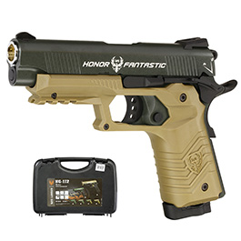 HFC M1911S Custom 45 GripTac Airsoftpistole Vollmetall CO2BB 6mm BB oliv / tan inkl. Pistolenkoffer