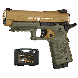 HFC M1911S Custom 45 GripTac Vollmetall CO2BB 6mm BB tan / oliv inkl. Pistolenkoffer