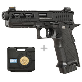 G&G 2024 CP Custom Airsoftpistole Hi-Capa Vollmetall GBB 6mm BB schwarz - Set mit 2 Magazinen / Pistolenkoffer