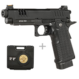 G&G STP45 Pro 8 Zoll Airsoftpistole Hi-Capa Vollmetall GBB 6mm BB schwarz - Set mit 2 Magazinen / Pistolenkoffer