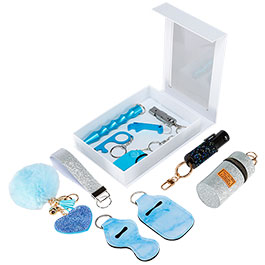 Selbstschutz Geschenkset Schutzengel hellblau Schlsselanhnger, Personenalarm, Armband, Signalpfeife, Flaschenffner, No Trkon