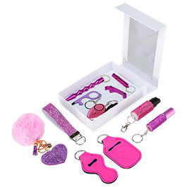 Selbstschutz Geschenkset Schutzengel violett Schlsselanhnger, Personenalarm, Armband, Signalpfeife, Flaschenffner, No Trkont