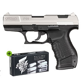 Walther P99 Schreckschuss Pistole 9 mm P.A.K. vernickelt + 50 Schuss Pobjeda Steel Blitz