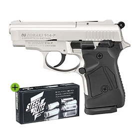 Zoraki 914 satina Schreckschuss Pistole Kal. 9mm P.A.K inkl. 50 Schuss Pobjeda Steel Blitz