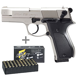 Walther P88 Schreckschuss Pistole Kal. 9mm P.A.K. vernickelt  + 50 Schuss Pobjeda Black Blitz