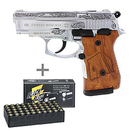 Zoraki 914 Schreckschuss Pistole Kal. 9mm P.A.K. chrom graviert + 50 Schuss Pobjeda Black Blitz