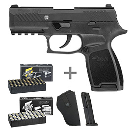 Sig Sauer P320 Schreckschuss Pistole 9mm P.A.K. schwarz inkl. 100 Schuss Platzpatronen, Ersatzmagazin und Holster