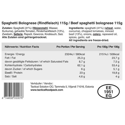 Tactical Foodpack Outdoor-Nahrungsmittel Spaghetti Bolognese 115 g Beutel Bild 4