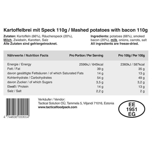 Tactical Foodpack Outdoor Mahlzeit Kartoffelbrei mit Speck Bild 4