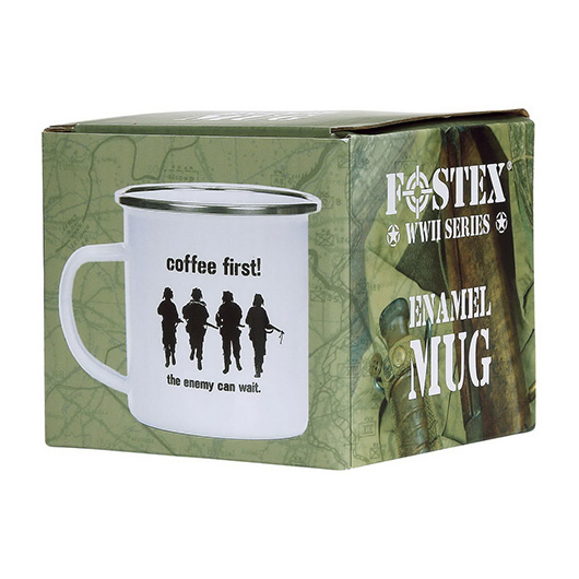 Fostex Becher Emaille 300ml oliv bedruckt Coffee First, the enemy can wait Bild 1