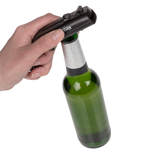 Flaschenffner und Kronkorken-Pistole Bottle Cap Gun schwarz