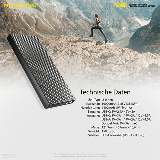 Nitecore Powerbank NB10000 GEN2 mit Carbongehuse 10000mAh Bild 1