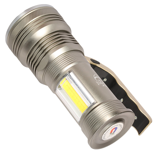 LED-Taschenlampe COB Aluminium 8000 Lumen und SOS-Blinklicht in rot inkl. Akku und USB-Lader silber Bild 5