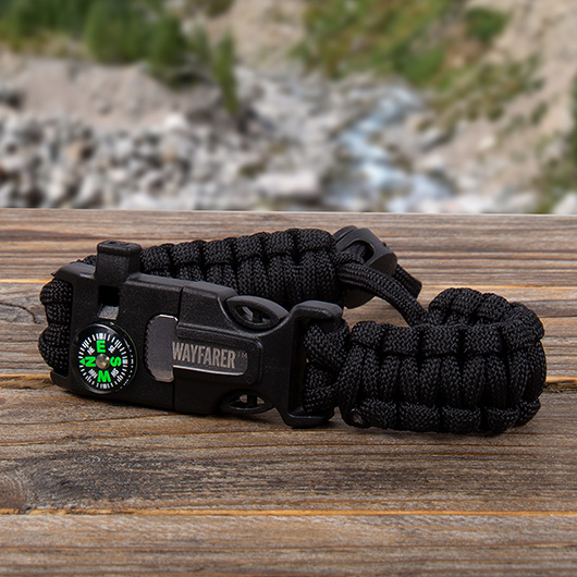 Campfire Survival Paracord Armband mit 5 Funktionen schwarz