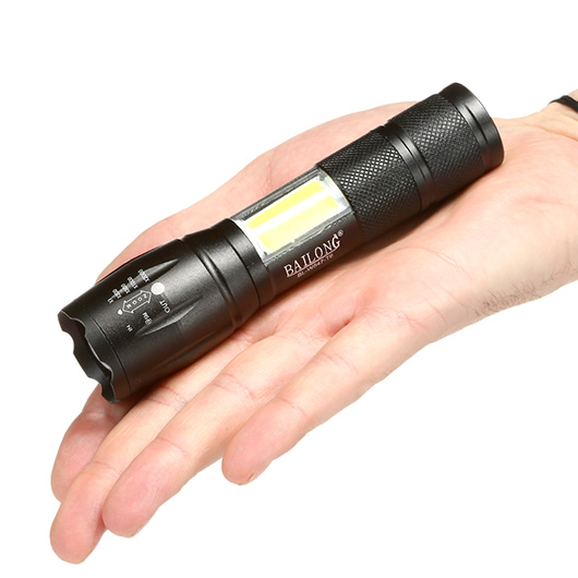 Bailong LED-Taschenlampe mit Zoom und COB LED schwarz inkl. Akku Bild 3