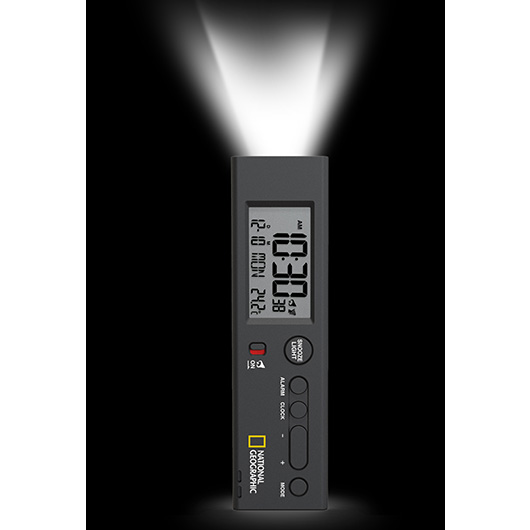 National Geographic Weltzeitwecker 4 in 1 schwarz Uhr, Thermometer, Taschenlampe, Reisewecker Bild 3