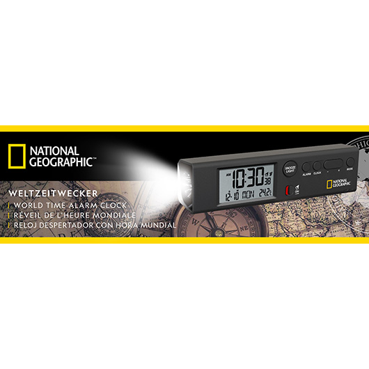 National Geographic Weltzeitwecker 4 in 1 schwarz Uhr, Thermometer, Taschenlampe, Reisewecker Bild 5