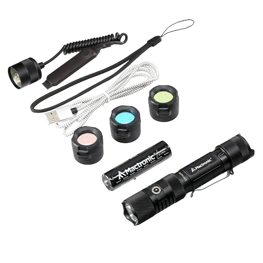 Mactronic LED Taschenlampe T-Force HP 1800 Lumen schwarz inkl. Ladekabel, 3 x Farbfilter, Kabelschalter und Lanyard Bild 4