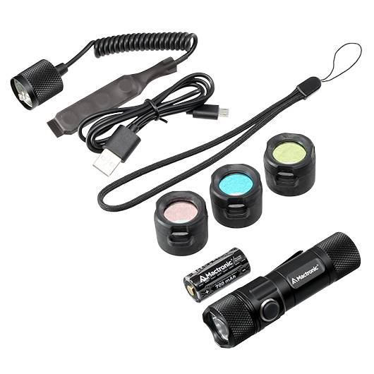 Mactronic LED Taschenlampe T-Force VR 1000 Lumen schwarz inkl. Ladekabel, 3 x Farbfilter, Kabelschalter und Lanyard Bild 4