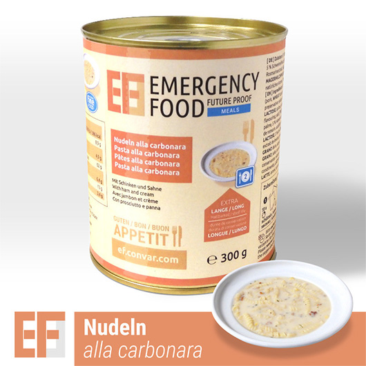 Emergency Food Meals Notration Nudeln alla Carbonara mit Schinken und Sahne 300g Dose 2 Portionen