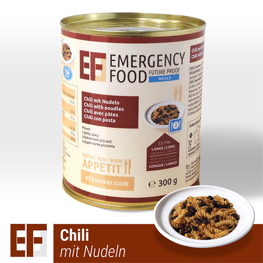 Emergency Food Meals Notration Chili mit Nudeln 300g Dose 2 Portionen