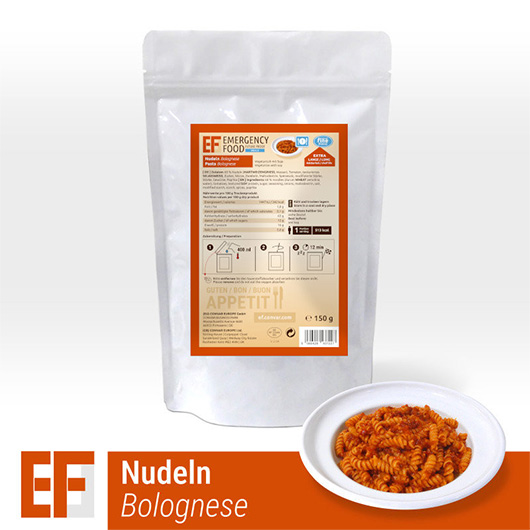 Emergency Food Meals Notration Nudeln Bolognese vegetarisch mit Soja 150g Beutel 1 Portionen