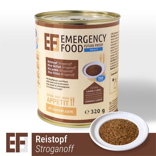 Emergency Food Meals Notration Reistopf Stroganoff mit Rindfleisch und Pilzen 410g Dose 2 Portionen