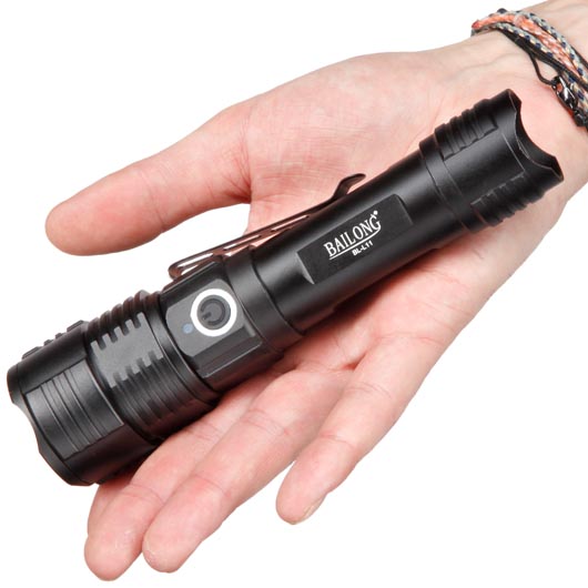 Bailong LED-Taschenlampe BL-L11 mit Zoom, rot- ,grn und UV-Licht schwarz inkl. Akku, USB-Ladekabel und Lanyard Bild 3