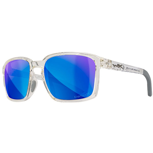 Wiley X Sonnenbrille Alfa Captivate glnzend transparent Glser blau verspiegelt polarisiert inkl. Brillenetui und Seitenschutz