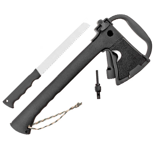 Fox Outdoor Survival Axt schwarz mit integriertem Messer, Feuerstarter und Signalpfeife inkl. Scheide