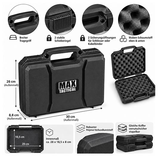 MAX Tactical Pistol Hard Case Pistolenkoffer 30 x 26 x 8,8 cm Waben-Schaumstoff schwarz Bild 8