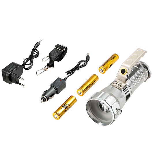 Bailong LED-Taschenlampe BL-677-T6 800 Lumen silber inkl. Ladegerte, Li-Ionen-Akkus & Schultergurt Bild 4