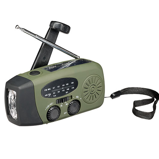 Fosco Emergency Kurbelradio oliv/schwarz FM, AM, SOS-Alarm, Powerbank, Solar und LED-Licht