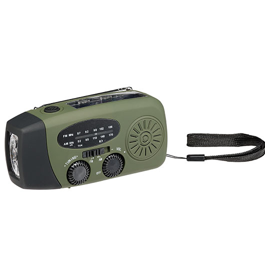 Fosco Emergency Kurbelradio oliv/schwarz FM, AM, SOS-Alarm, Powerbank, Solar und LED-Licht Bild 1