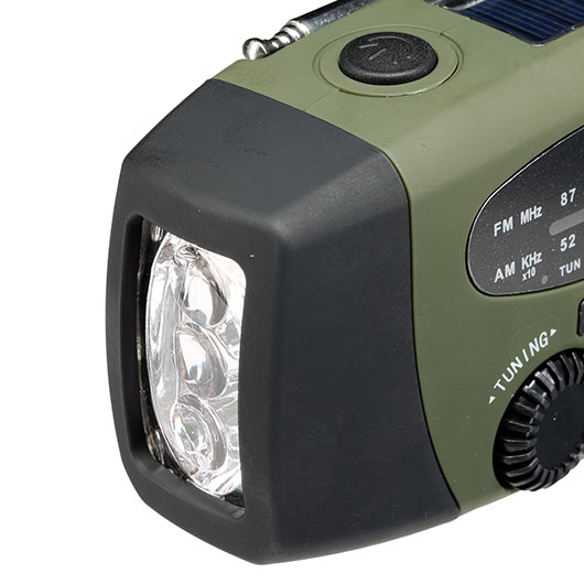 Fosco Emergency Kurbelradio oliv/schwarz FM, AM, SOS-Alarm, Powerbank, Solar und LED-Licht Bild 6
