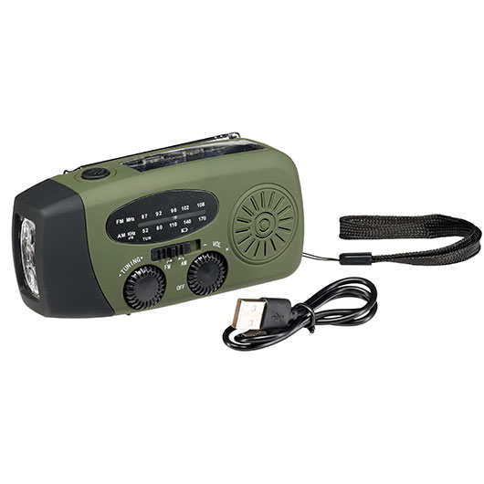 Fosco Emergency Kurbelradio oliv/schwarz FM, AM, SOS-Alarm, Powerbank, Solar und LED-Licht Bild 7