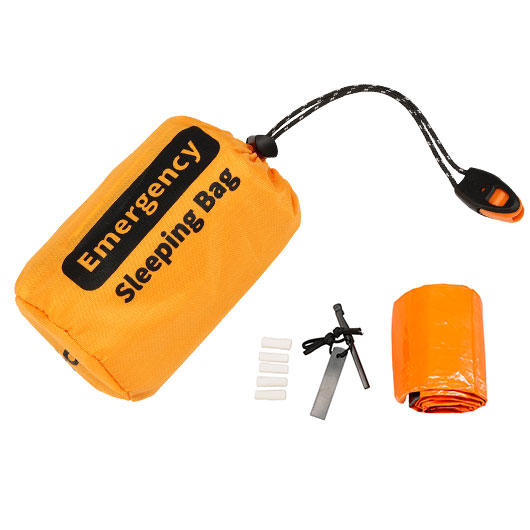 Fox Outdoor Notfall-Biwaksack orange inkl. Signalpfeife, Zndstahl, Schaber & Baumwollzunder