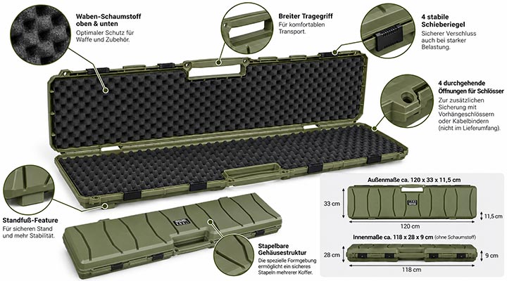 MAX Tactical Hard Case Waffenkoffer 120 x 33 x 11,5 cm Waben-Schaumstoff dark oliv Bild 9